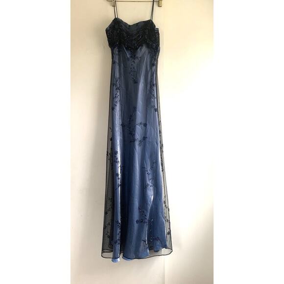 Vintage Fairy Ghotic Whimsical Prom Blue Long Dress With Black Net Medium Beaded - Picture 7 of 10